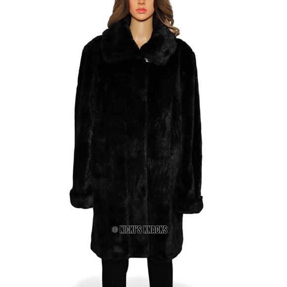 Dennis Basso Black Faux Mink Fur Coat Longline Oversized Winter Jacket Size L - Picture 2 of 10